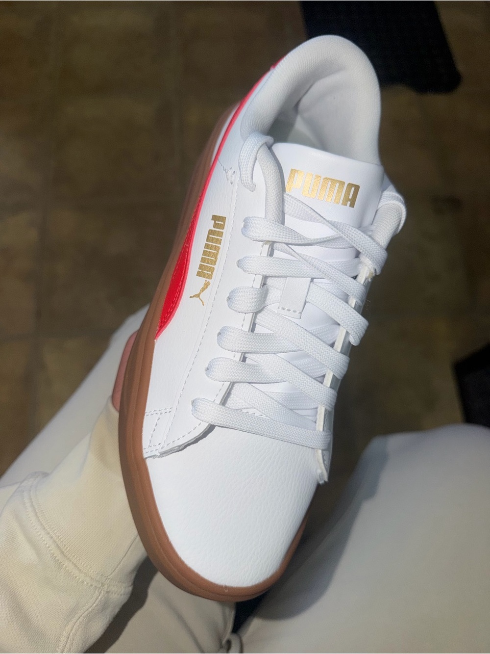 Puma White Sneakers with Pink Accent and Gum Sole